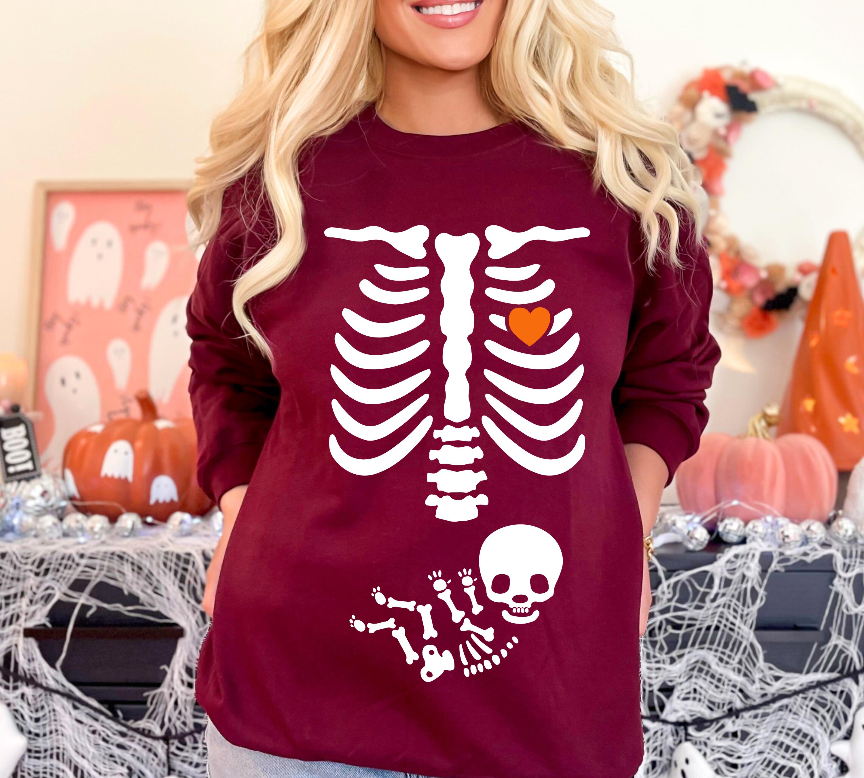 Sweat-shirt De Maternité Halloween - Imprimé Squelette Rayons X - Col Rond, Manches Longues - Coton Mélangé Confortable - Annonce De Grossesse Originale