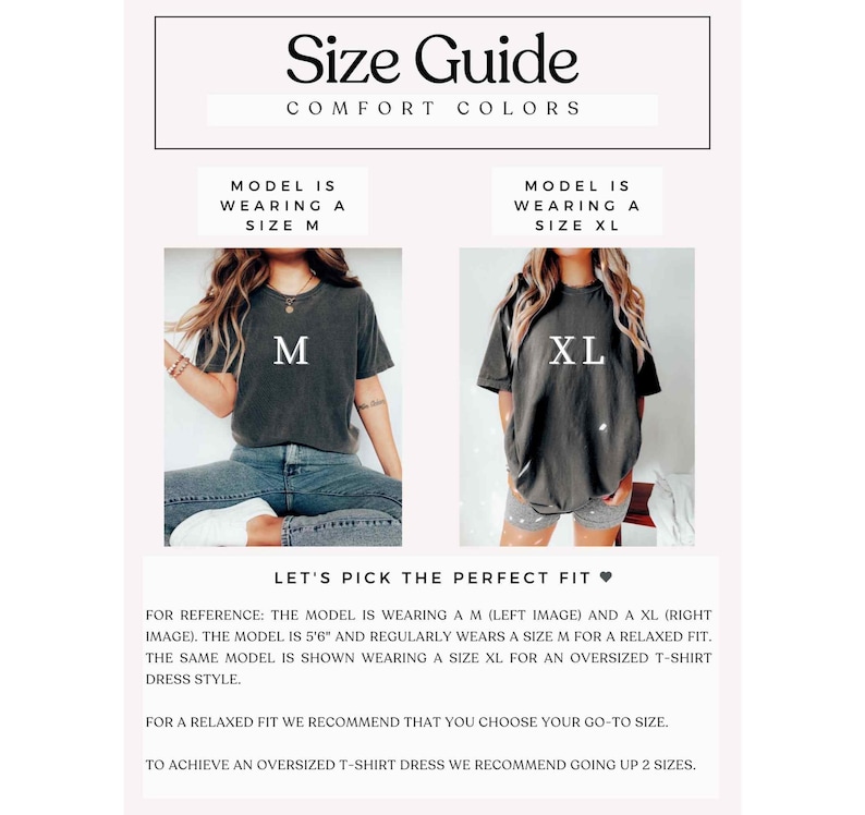 K&ouml;nnte beinhalten: Gr&ouml;&szlig;entabelle f&uuml;r ein T-Shirt-Kleid. Das Model tr&auml;gt Gr&ouml;&szlig;e M und Gr&ouml;&szlig;e XL. Der Text lautet "Lass uns die perfekte Passform finden." und "Zur Orientierung: Das Model tr&auml;gt Gr&ouml;&szlig;e M (linkes Bild) und Gr&ouml;&szlig;e XL (rechtes Bild). Das Model ist 1,68 m gro&szlig; und tr&auml;gt normalerweise Gr&ouml;&szlig;e M f&uuml;r eine lockere Passform. Das gleiche Model tr&auml;gt Gr&ouml;&szlig;e XL f&uuml;r einen Oversize-T-Shirt-Kleid-Stil. F&uuml;r eine lockere Passform empfehlen wir, dass Sie Ihre &uuml;bliche Gr&ouml;&szlig;e w&auml;hlen. Um ein Oversize-T-Shirt-Kleid zu erhalten, empfehlen wir, zwei Gr&ouml;&szlig;en gr&ouml;&szlig;er zu w&auml;hlen."