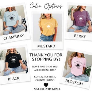 May include: A graphic tee shirt with the text "Gulf of Mexico" and a sunset graphic. The shirt is available in six colors: Chambray, Mustard, Berry, Black, Blossom, and White.