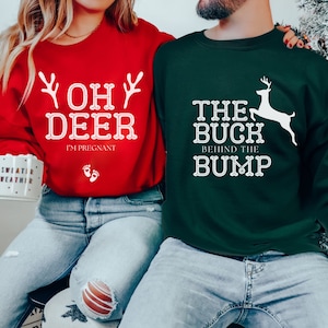 Funny Christmas Pregnant Reveal Sweatshirts Christmas Oh Deer I&#39;m Pregnant Sweatshirt Couples Christmas Sweater Pregnancy Announcement