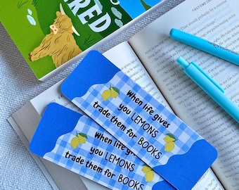 Lemons Bookmark; Cute Bookmark; Pretty Bookmark; Gingham; Blue; Book Lover; Reader Gift; Gifts for her; Birthday Present