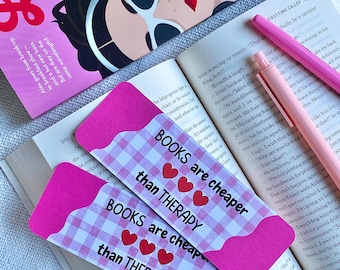 Marque-page thérapie ; Les livres sont moins chers que la thérapie ; Marque-page mignon ; Joli marque-page ; rose ; Amoureux des livres ; Cadeau lecteur ; Cadeaux pour elle