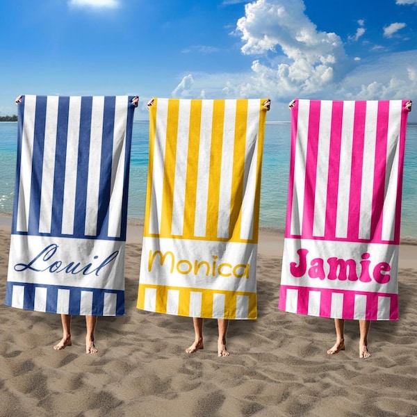 Toalha de praia personalizada listrada, toalha de piscina grande com monograma personalizado, toalhas de piscina para crianças/adultos, presente de aniversário e férias ao ar livre