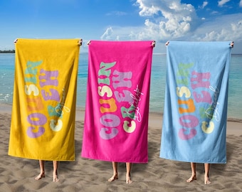 Toalla de playa personalizada para primos, toalla de piscina con nombre personalizado para niños y adultos, regalo para reunión familiar, toalla retro extragrande para vacaciones.