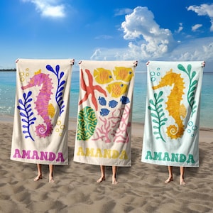 Spersonalizowany ręcznik plażowy z motywem zwierząt morskich, ręcznik z imieniem dla niemowląt/dzieci, ręcznik basenowy dla dziewczynek w stylu preppy, prezent świąteczny dla dzieci, niezbędne akcesoria na plażowe przyjęcie