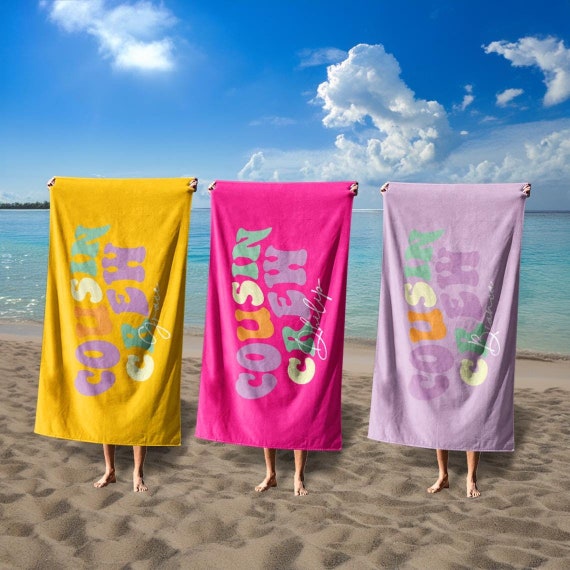 Personalized Cousin Crew Beach Towel, Custom Name Pool Towel For Kids/Adult,Cousin Family Reunion Gift,Retro Multi Color Vacation Towel Gift