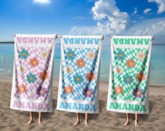 Retro Multi Style Personalized Beach Towel, Custom Grid Flowers Pool Towel With Name, Monogram Bath Towels, Outside Birthday Vacation Gift