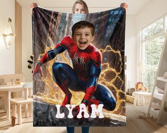 Gepersonaliseerde Spider Hero-deken met foto en naam van het kind, custom superheldenontwerp nertsdeken, grappige kerstverjaardagscadeaus voor kinderen