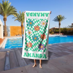 Custom Checkered Flowers Beach Towel With Name, Retro Multi Style Personalized Pool Towel,Monogram Bath Towels, Birthday Party Vacation Gift