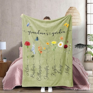 Manta de jardín personalizada para abuela, manta para mamá con nombre de niño, regalo para mamá de hija/hijo, flor de cumpleaños con nombre, recuerdo especial