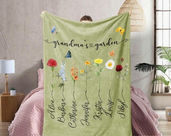 Benutzerdefinierte Oma Gartendecke, Mama Decke mit Kinder Namen, Geschenk für Mama von Tochter / Sohn, Geburtstagsblume mit Namen, spezielles Andenken