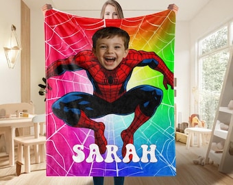 Manta personalizada de Spider-Man, manta personalizada de superhéroe araña, manta personalizada con cara de bebé y nombre, manta Minky, regalo de Navidad para niños.