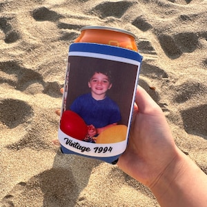 Personalized Photo Can Coolers, Custom Vintage Photo & Text, Funny Birthday Favor, 30th 40th 50th Birthday Beer Sleeve, Beach Party Favors