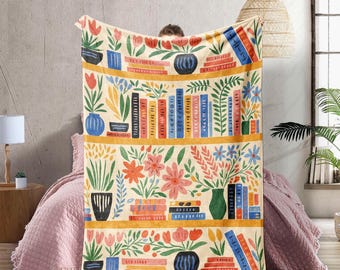 Cobertor de biblioteca de estante vintage personalizado, cobertor de flores de livros para amantes de livros, colcha de livros com estampa floral Cottagecore, cobertor Minky