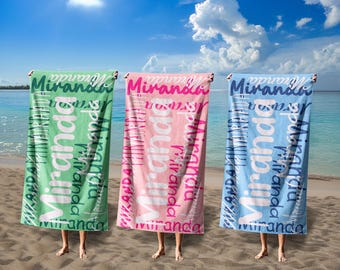 Toalla de playa personalizada con nombre, toallas de piscina con monograma de gran tamaño para niños/adultos, toalla de regalo para despedida de soltera, regalo de vacaciones de cumpleaños