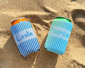 Personalized Striped Can Coolers, Personalized Coastal Bachelorette Can Cooler, Retro Regular/Slim Can Cooler Decor, Custom Wine Can Sleeves