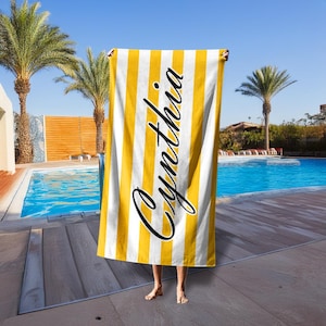 Striped Personalized Name Beach Towel, Vintage Style Custom Monogram Pool Towel, Bath Towels For Kids/Adult, Outside Birthday Vacation Gift