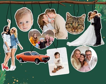 Aangepaste foto luchtverfrisser, gepersonaliseerd ornament kat/hond/gezinsauto hangend, duplex print auto versjes, verschillende geuren autoornament cadeau
