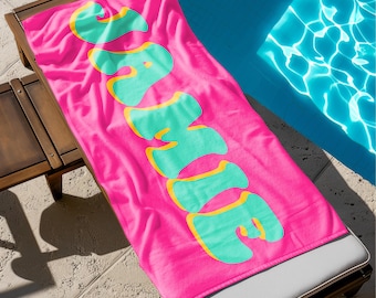 Gepersonaliseerde naam strandlaken, monogram zwembadhanddoek in retrostijl voor kinderen/volwassenen, gekleurde kinderhanddoek, handdoek verjaardagsfeestje, extra grote badhanddoek
