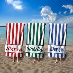Retro Stripes Name Beach Towel, Oversized Custom Signature Pool Towel, Monogram Pool Towels For Kids/Adult, Outside Birthday Vacation Gift