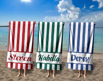 Toalla de playa con nombre y rayas retro, toalla de piscina personalizada de gran tamaño, toallas de piscina con monograma para niños y adultos, regalo de cumpleaños para vacaciones al aire libre