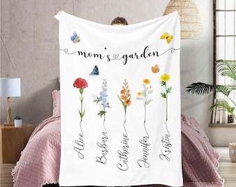 Custom Birth Flower Blanket, Personalized Mom's Garden Birth Month Blanket, Gift for Mom from Daughter/Son, Birthday Flower With Name
