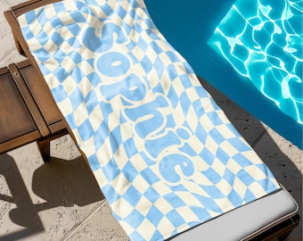 Personalized Beach Towel With Name, Checkerboard Pool Towel For Kids,Bachelorette Bridesmaid Gift,Girl Trip Essentials,Aesthetic Travel Gift