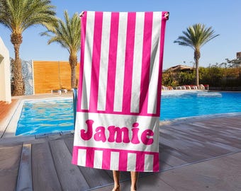 Toalla de piscina con nombre y rayas retro, toalla de playa personalizada de gran tamaño, toallas de piscina con monograma para niños y adultos, regalo de cumpleaños para vacaciones al aire libre