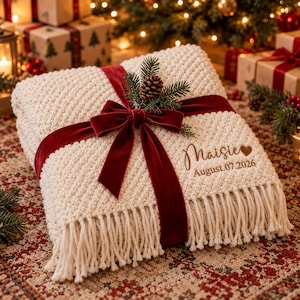 Könnte beinhalten: Eine cremefarbene Strickdecke mit Fransen, umwickelt mit einem dunkelroten Samtband. Die Decke ist mit dem Namen Maisie, einem kleinen Herzsymbol und dem Datum August 07, 2026 bestickt und mit einem Kiefernzweig verziert.