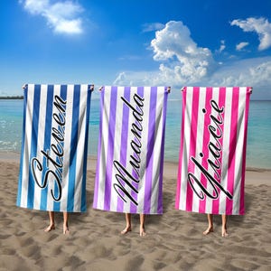 Stripe Retro Personalized Beach Towel For Kids/Adult, Vintage Custom Monogram Pool Towel, Outside Birthday Vacation Gift, Bridesmaid Towel