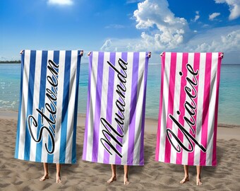 Stripe Retro Personalized Beach Towel For Kids/Adult, Vintage Custom Monogram Pool Towel, Outside Birthday Vacation Gift, Bridesmaid Towel