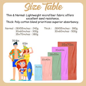 May include: Size chart for beach towels in different sizes and weights. The chart shows the dimensions and weight of each towel in inches and grams. The towels are shown in different colors, including blue, pink, green, and orange.