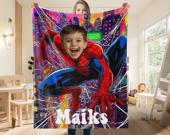 Manta personalizada de Spider-Man, manta personalizada de superhéroe araña, manta personalizada con cara de bebé y nombre, manta Minky, regalo de Navidad para niños.