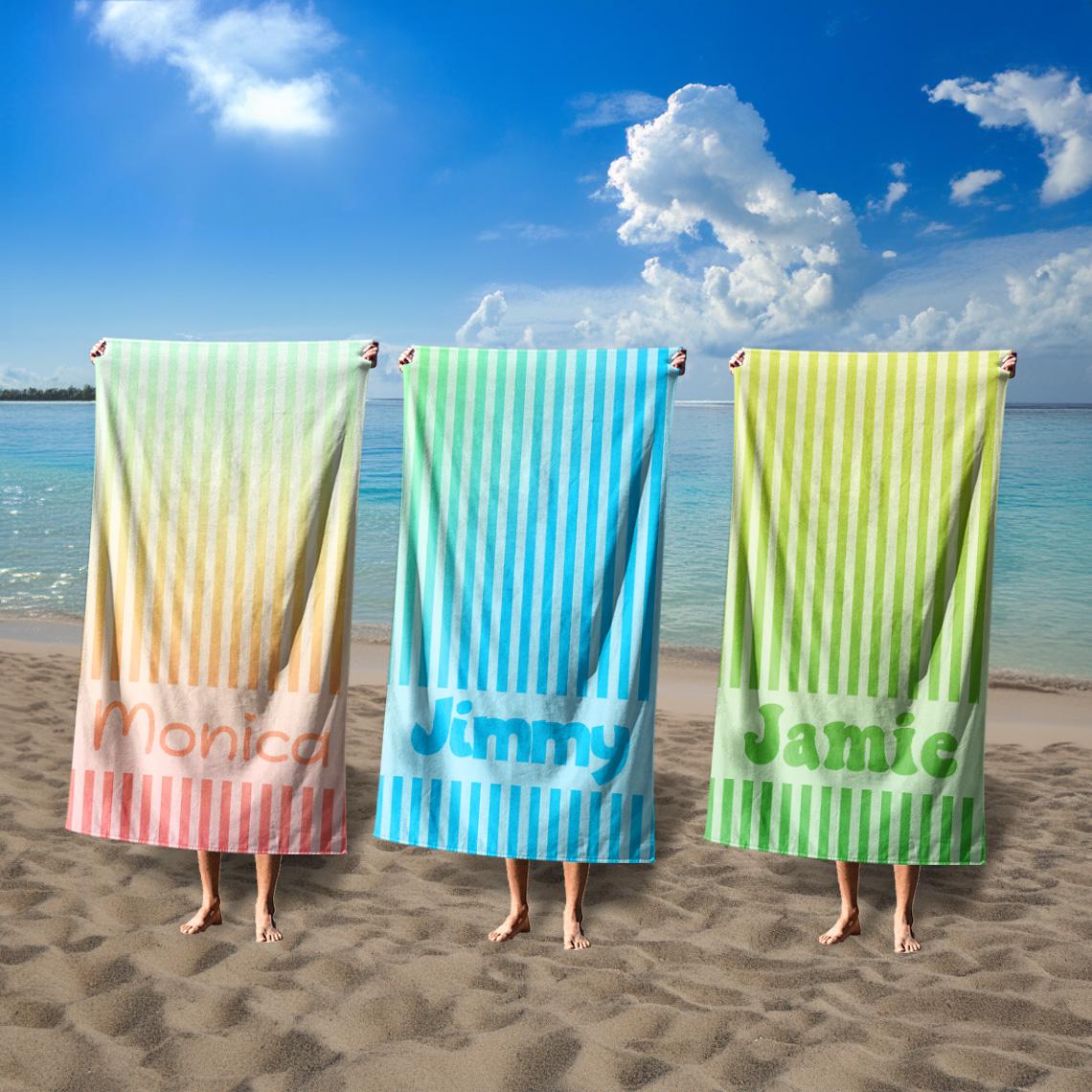 Toalla de playa a rayas personalizada con nombre, toallas multicolor para fiesta en la piscina, toalla de dama de honor estilo retro, toalla de baño para niños/adultos, regalo de viaje para chicas.