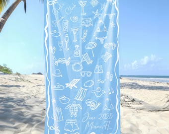 Toalla de playa personalizada para despedida de soltera, toalla de piscina personalizada con nombre y ubicación, regalos para despedidas de soltera, artículos esenciales para viajes de chicas.