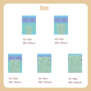 May include: Diagram showing different sizes of blue and green disposable tablecloths. The sizes are listed in inches and centimeters.  30 x 40 inches (80 x 100 cm), 40 x 50 inches (100 x 130 cm), 50 x 60 inches (130 x 150 cm), 60 x 80 inches (150 x 200 cm), 70 x 80 inches (180 x 200 cm).