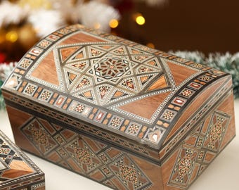 Mother of Pearl Mosaic Inlay Jewelry Box with Lock and Key, Handmade Walnut Wood Keepsake Chest, Removable Tray