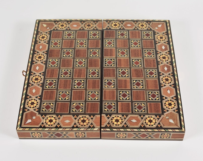 Handmade Mosaic Inlay Chess and Backgammon Board – Foldable Wooden Set 12" Travel Size