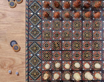 May include: A wooden backgammon and chess board featuring intricate geometric marquetry in shades of brown, black, and cream. The board is set with wooden chess pieces, while separate round game checkers and two small white dice sit nearby.