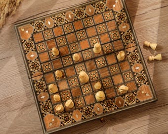 Luxury wooden Chess set & Backgammon Board - Handcrafted Wood Mosaic Inlay with mother of Pearls Foldable Complete set with pieces and dice.