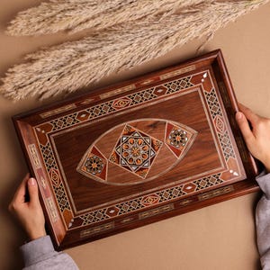 Handmade Mosaic Wooden Serving Tray with Mother of Pearl Inlay - Elegant and Unique