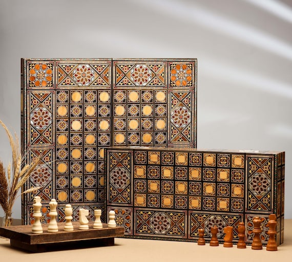 Handmade Wooden Chess & Backgammon Board - Mosaic Inlay, Pearls, Foldable, with Pieces. Exquisite craftsmanship for your game nights