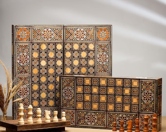 Handgemaakte houten mozaïekschaakset en backgammonbord - parelmoer inleg - geweldige prijs - 16" opvouwbaar bord