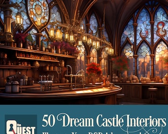 May include: A fantasy-style illustration of a castle interior with a bar and stained glass windows. The bar has a wooden countertop and shelves with bottles and other items. The windows are arched and have colorful stained glass designs. The scene is lit by a warm, golden light.