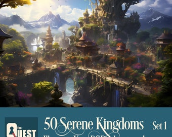 May include: A fantasy illustration of a city built on a giant tree with waterfalls cascading down the sides. The city is surrounded by lush greenery and mountains in the distance. The text "50 Serene Kingdoms Set 1 Illustrate Your D&D Adventures!" is at the bottom of the image.