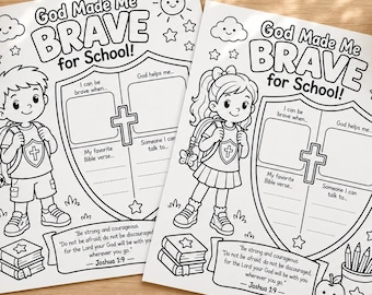 Página para colorear cristiana de regreso a clases para niños, Dios me hizo valiente para la actividad escolar, versículo bíblico de Josué 1:9, hoja de trabajo de la Escuela Dominical de VBS