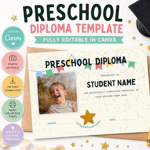 Editable Preschool Graduation Diploma Template, Kids Daycare Graduation Certificate with Photo Insert, End of School Year Printable Keepsake