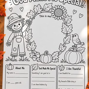 Christian Thanksgiving Activity Sheet for Kids, God Made Me All About Me Worksheet, Sunday School Fall Printable, Preschool Bible Activity