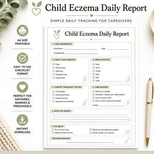 Könnte beinhalten: Ein druckbares tägliches Ekzem-Berichtsformular für Kinder mit einem grünen Blattmotiv. Das Dokument enthält Abschnitte für Kinderinformationen, Hautzustand, betroffene Bereiche, Komfort, Pflege, Notizen und Nachverfolgung mit Kästchen.
