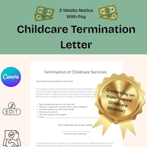 Childcare Termination Letter Template, Daycare Parent Termination Notice, 2 Weeks Notice With Pay, Preschool Parent Communication Tool